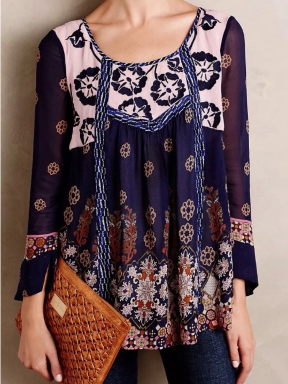 Floreat Anthropologie Women’s Blue & Pink Floral 3/4 Sleeve Scoop Neck Blouse M